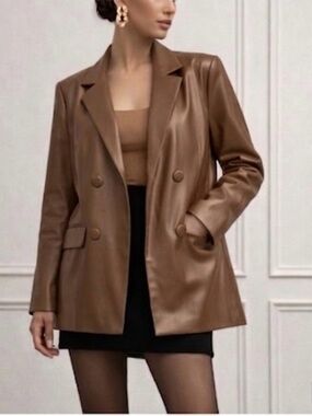 Stoosh Brown Double-Breasted Faux Leather Blazer